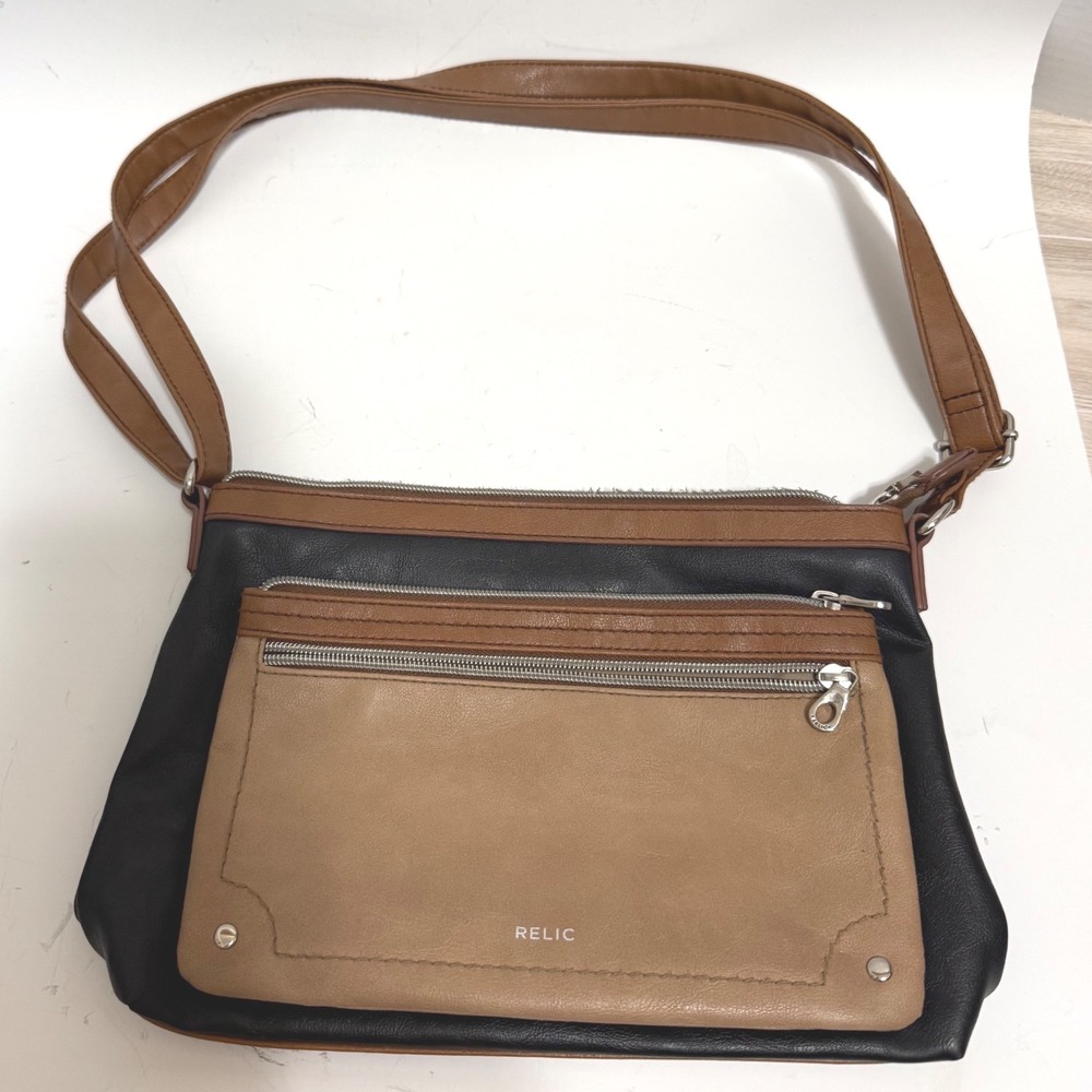 Relic Black Brown Tan Faux Leather Multi Pocket Crossbody Bag Purse Stop & Roses